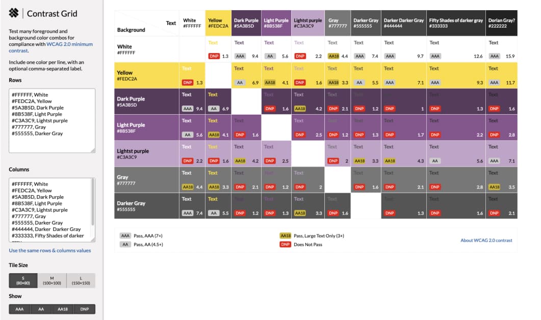 Matrice de couleurs avec les mêmes couleurs sur les axes x et y et leur rapport de contraste de couleurs lorsqu'elles sont utilisées ensemble à l'intersection