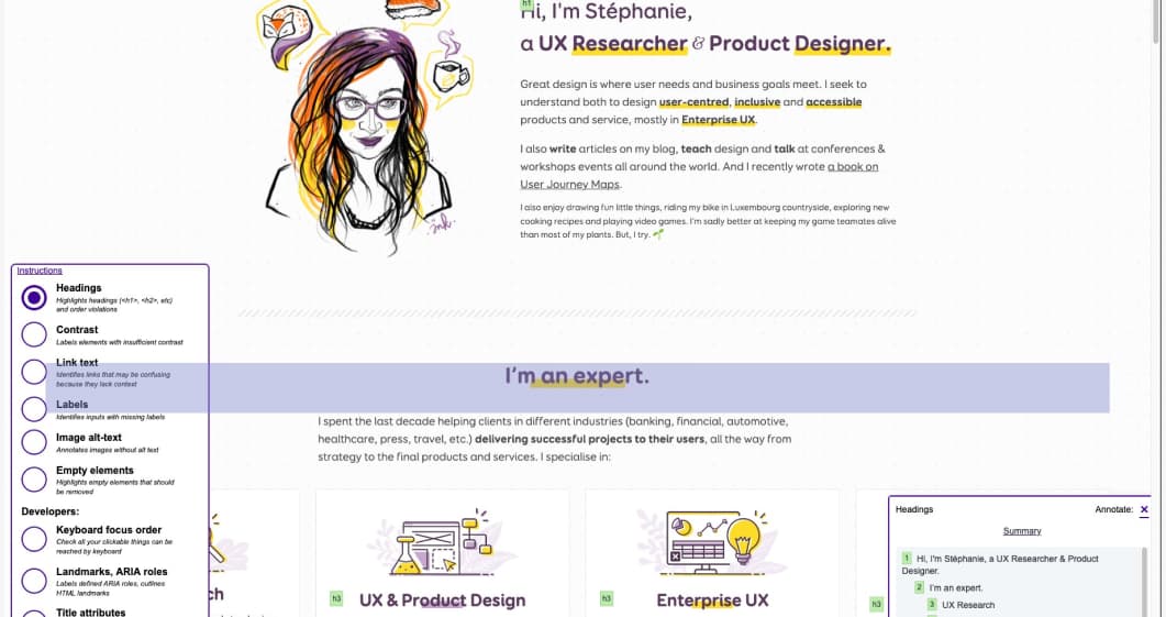 The tool used on my site to inspect headings. There is also contrast, link text, labels, image text, empty elements and more options to select from the tool