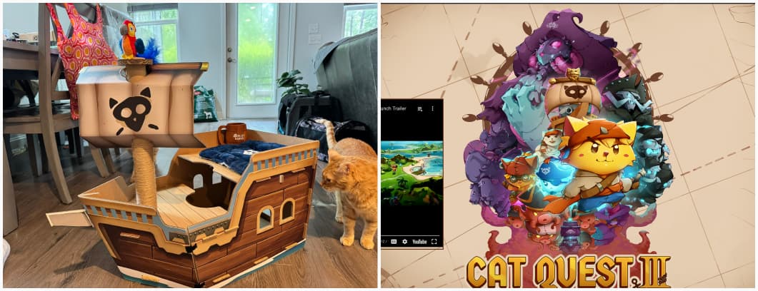 A pirate ship made in cardboard in front of an orange cat, and a screenshot of the homepage of cat quest III with the same pirate ship in the artwork, a bunch of cats