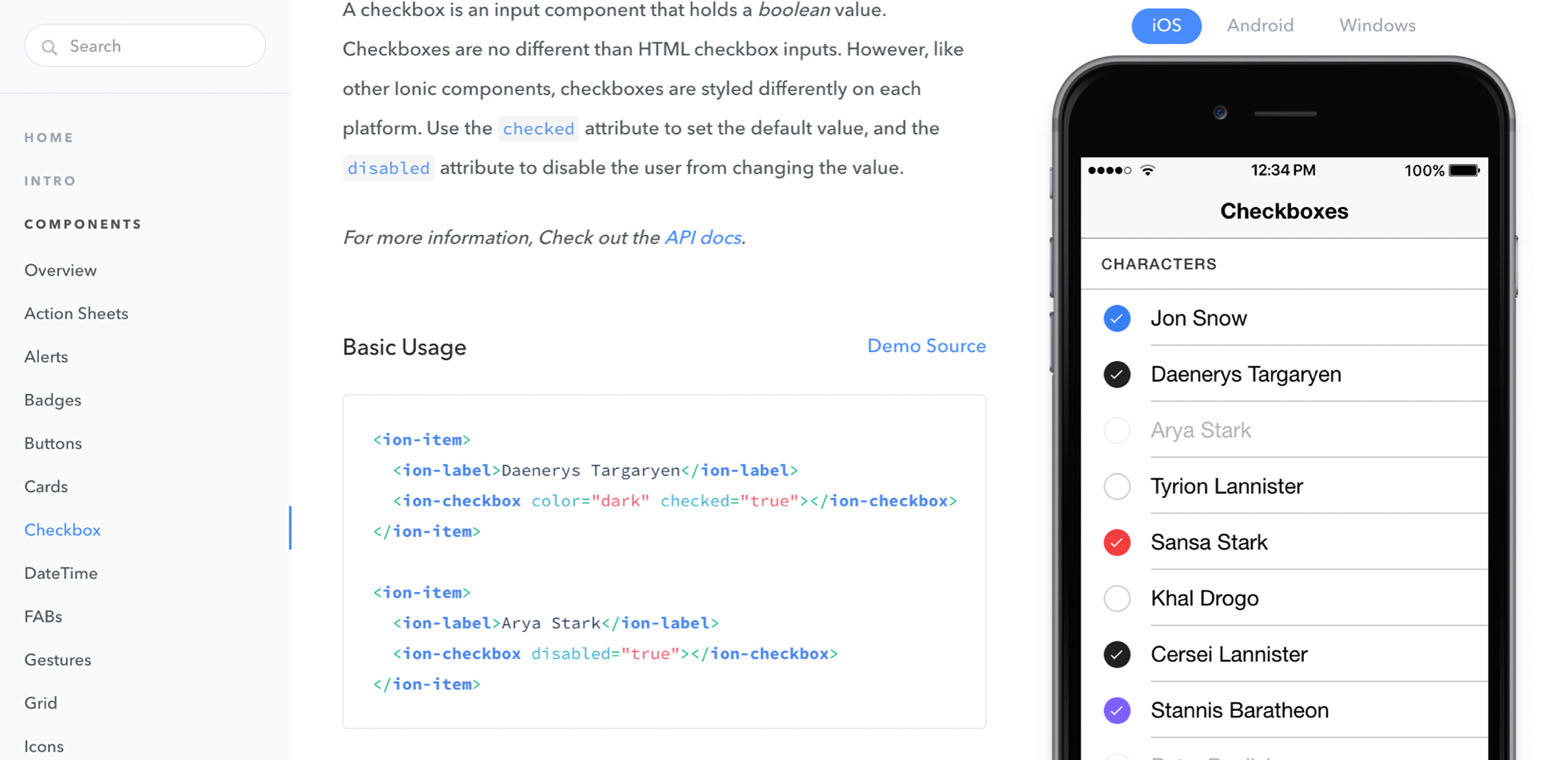 Documentation ionic avec un exemple visuel du composant