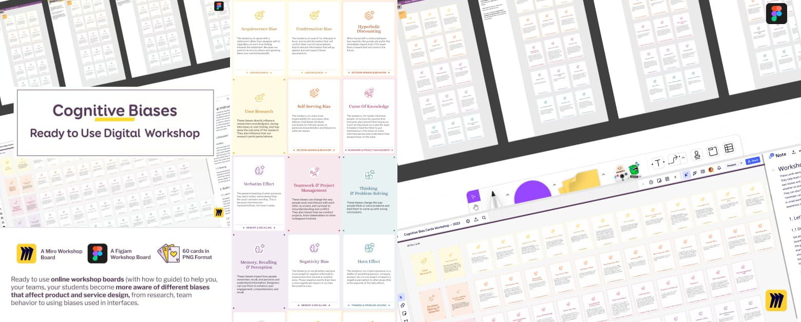 Collage of the cards, screenshot of the shop item and some boards in miro / figjam