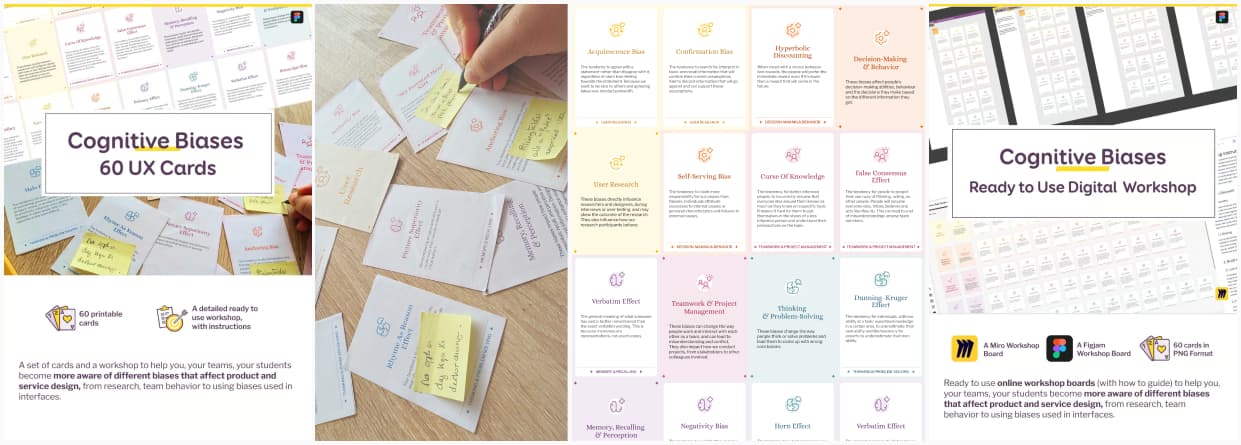 Collage of the cards, screenshot of the shop item and some boards in miro / figjam