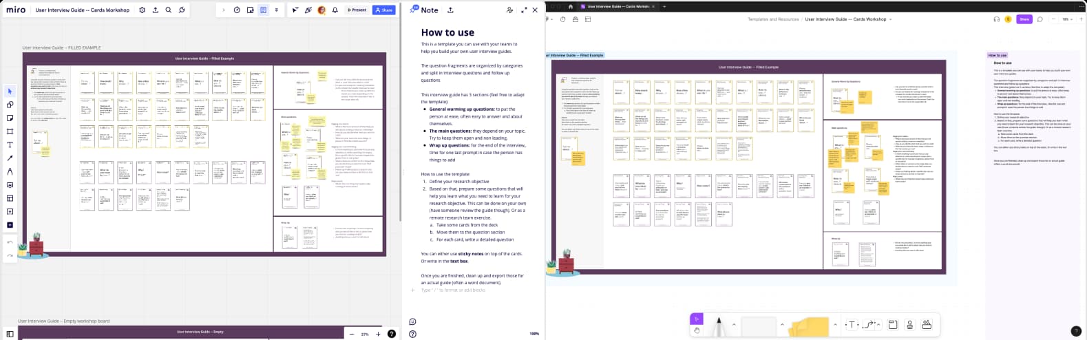 miro and figma board with some digital cards to build interview guides